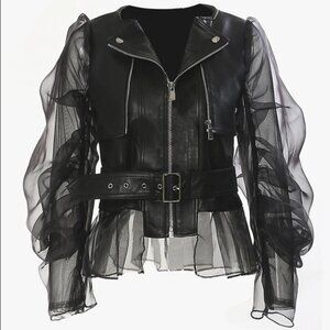Cropped Faux Leather & Sheer Organza Peplum Biker Jacket (Size L) Bikercore